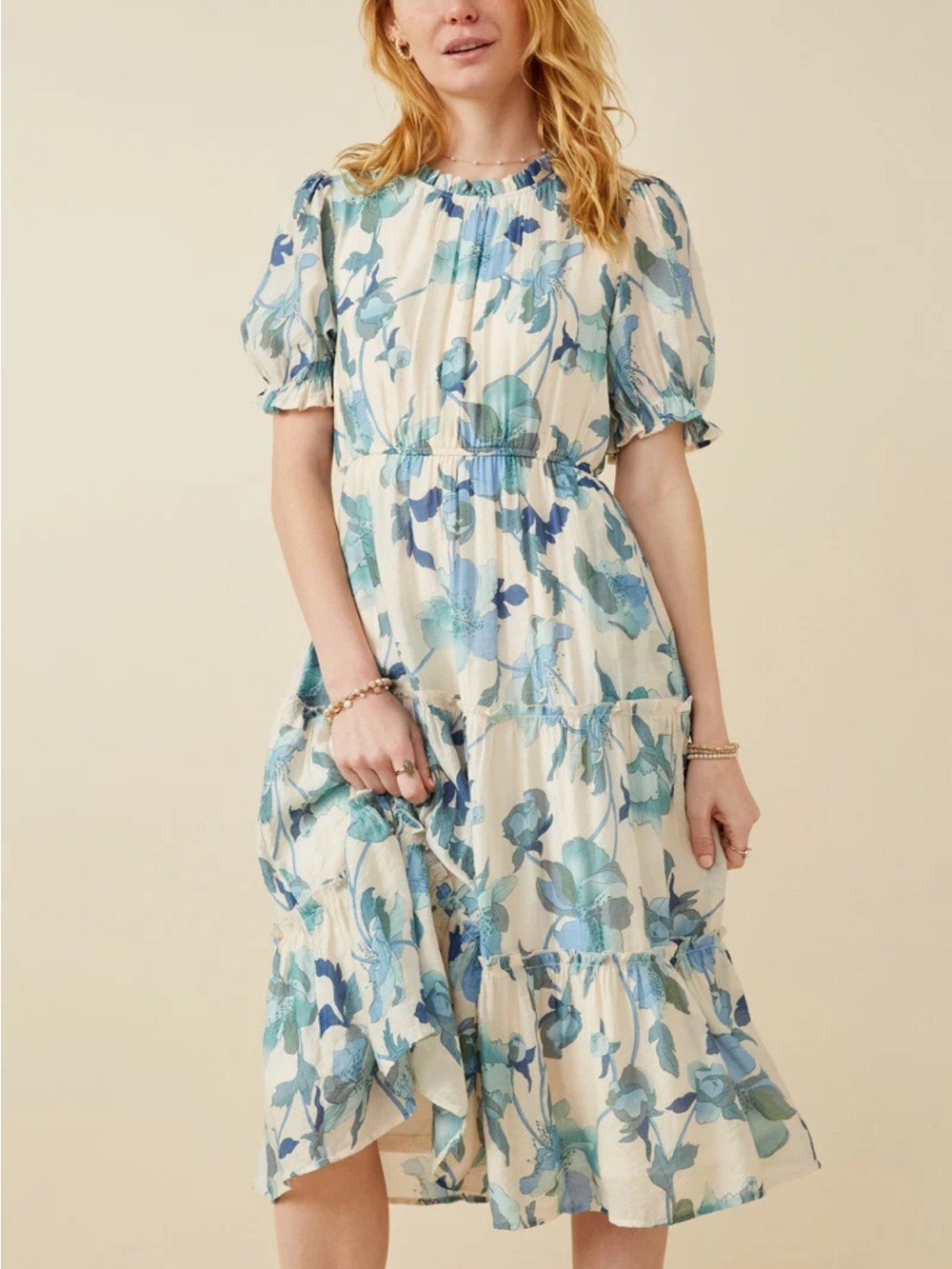 Böhme Watercolor Floral Ruffle Neck Midi Dress Green Blue Puff Sleeve L